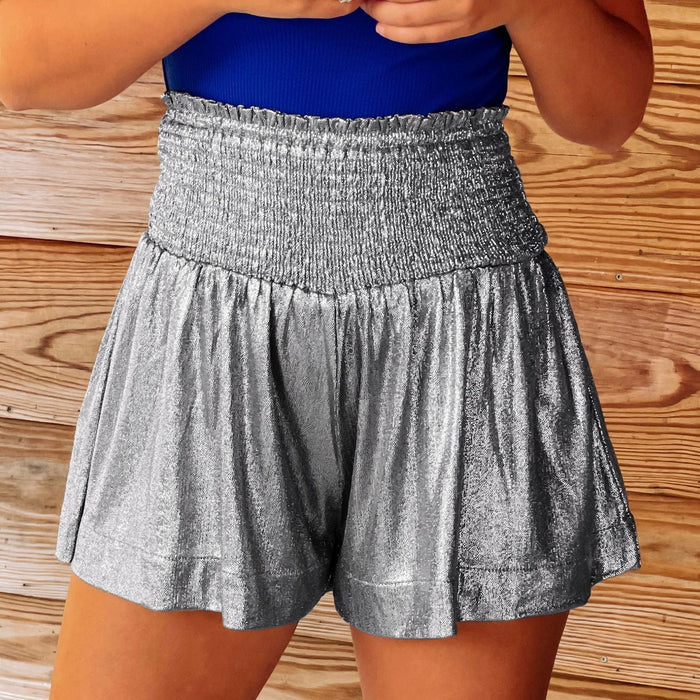 Color-Silver on Black Background-Casual Sports Women Shorts Loose Elastic Waist Drape Flash Pants-Fancey Boutique