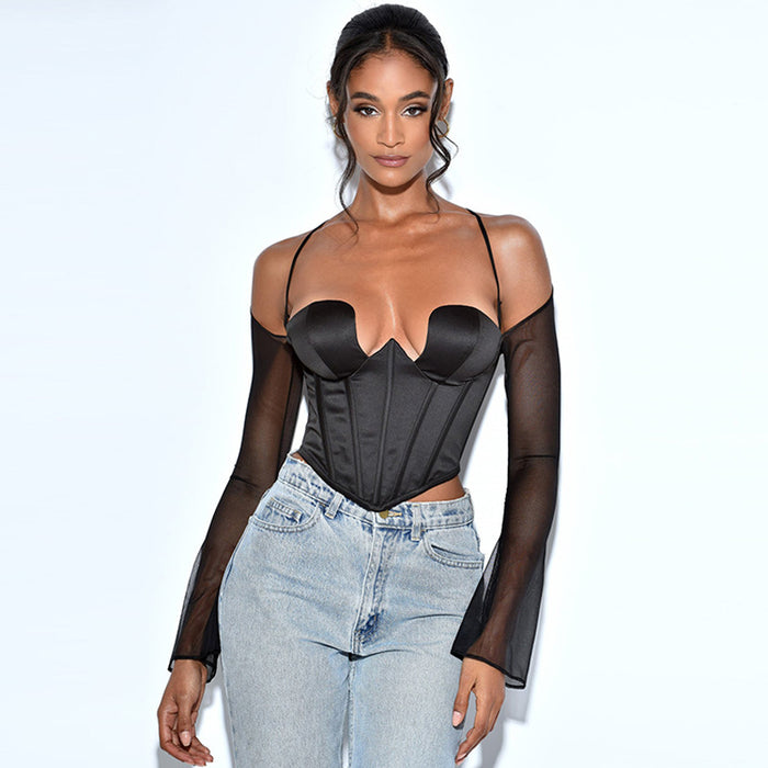 Color-Black-Women Low Cut Sexy V neck Sexy Mesh Oversleeve Sling Small Tank Top-Fancey Boutique