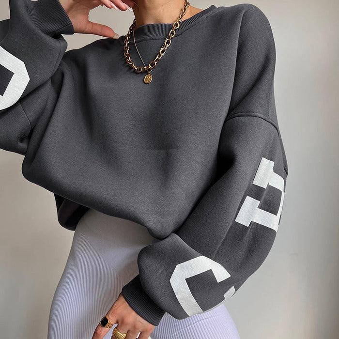 Color-Gray-Knitted Women Letter Graphic Printed Loose Top Winter Casual All Matching Hoodie-Fancey Boutique