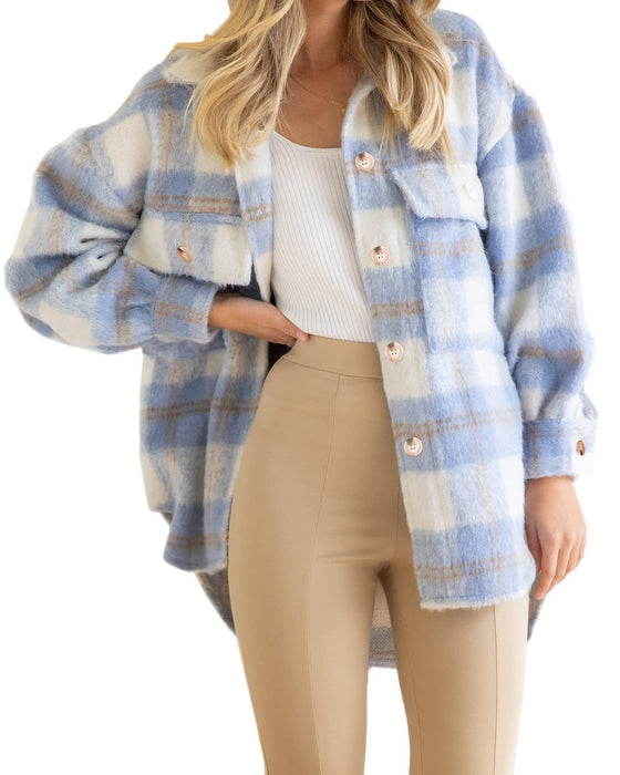 Color-skyblue-Winter Women Clothing Plaid Large Pocket Coarse Wool Coat-Fancey Boutique