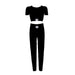 Color-Black, Short Sleeve-Solid Color Tight Letter Graphic Zhang Zi round Neck Long Sleeve Short Top High Waist Skinny Trousers Sports Yoga Two Piece Set-Fancey Boutique
