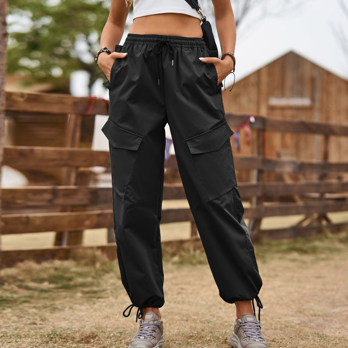 Color-Black-Street Loose Lace up Drawstring Elastic Waist Overalls Ankle Tied Trousers Casual Pants-Fancey Boutique