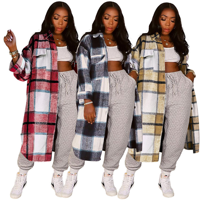 Color-Women Clothing Nightclub Uniforms Pocket Plaid Long Shirt Coat-Fancey Boutique