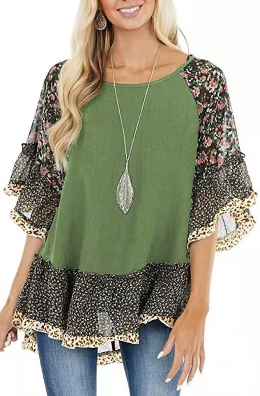 Color-yellowish green-Spring Summer Women Clothing Batwing Sleeve Color Blocking Leopard Floral Print Mid Length Sleeves T Shirt-Fancey Boutique