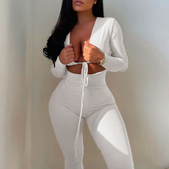 Color-White-Summer Tight Sexy cropped Lace up Solid Color Jumpsuit for Women-Fancey Boutique