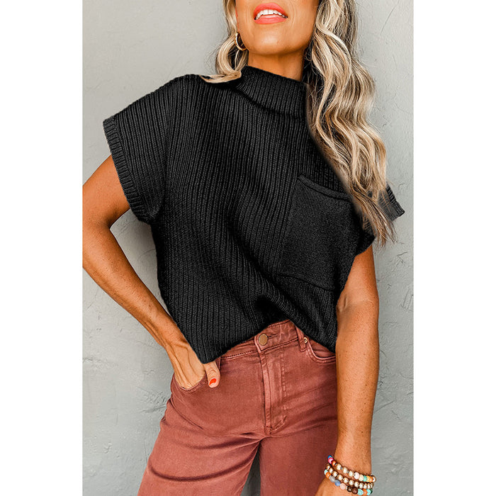 Color-Fall Solid Color Pullover High Collar Short Sleeved Top Women Simple Thread Sweater Women-Fancey Boutique