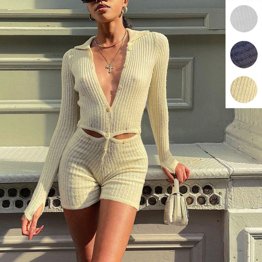 Color-Spring Summer Best Women Clothes Sweater Long Sleeve Button Two Way Woolen Romper-Fancey Boutique