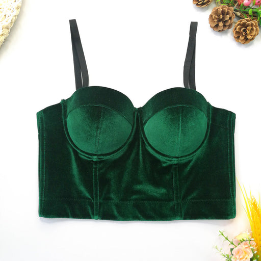 Color-Green-Real Velvet Spaghetti Straps Outerwear Boning Corset Boning Corset Corset Solid Color Korean Velvet with Steel Ring Body Shaping Vest Short-Fancey Boutique