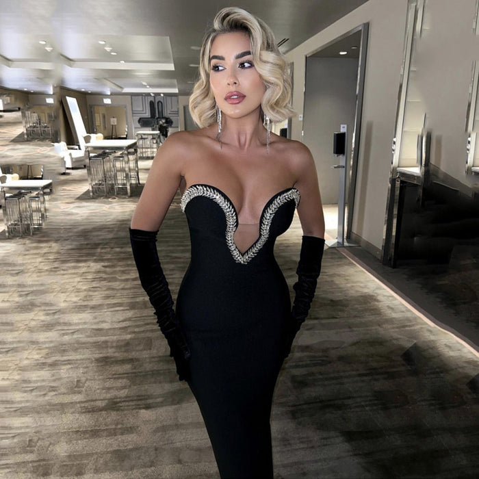 Color-Autumn Sexy Tube Top Mesh V neck Diamond Bandage One Piece Dress Party Socialite Dress-Fancey Boutique