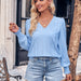 Color-skyblue-Casual Women Autumn Winter Slim V neck Solid Color Smocking Long Sleeve Top Women-Fancey Boutique