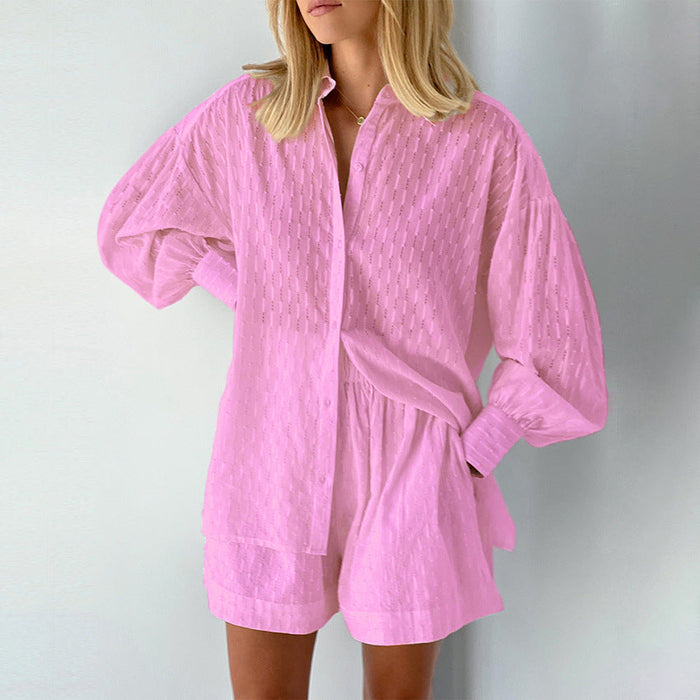 Color-Pink-Summer French White Jacquard Cotton Puff Sleeve Casual Shorts Suit Ladies Homewear Cool Pajamas-Fancey Boutique