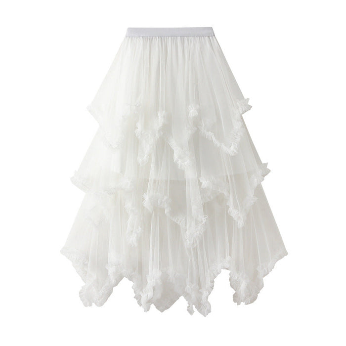 Color-White-Wooden Ear Irregular Asymmetric Mesh Tiered Skirt Mid Length High Waist Big Swing Puffy Fairy Gauze Dress Long Skirt-Fancey Boutique