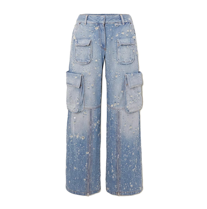 Color-Niche Design Jeans Light Blue Workwear Women Damaged Design High Waist Loose Hole Trousers-Fancey Boutique
