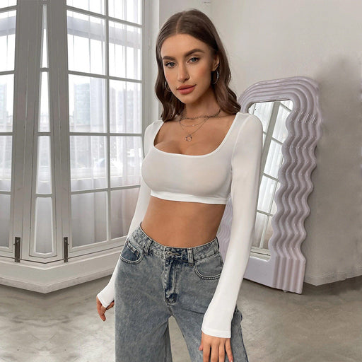 Color-White-Autumn Winter Women Clothing Sports Casual Cropped Knitted High Elastic Long Sleeved T shirt Top-Fancey Boutique