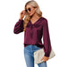 Color-Burgundy-Women Satin Pleated Long Sleeved Top V Neck Casual Loose Work Office Satin Shirt-Fancey Boutique