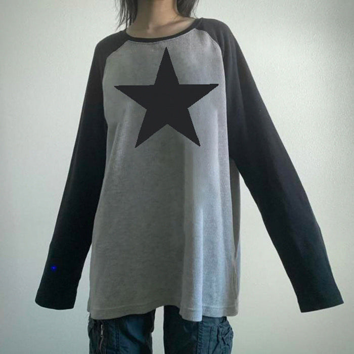 Color-Five Pointed Star Retro Raglan Color Contrast Long Sleeve T Shirt Women Old Neutral Lazy Casual Loose Pullover Top-Fancey Boutique
