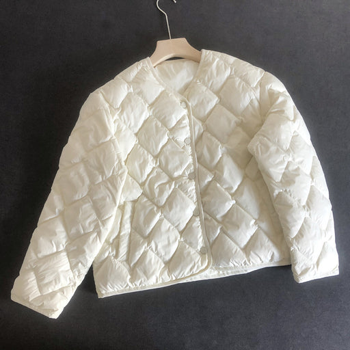 Color-White Duck down Women down Jacket Diamond Lattice Single Breasted Casual Elegant Short V neck Jacket Coat-Fancey Boutique