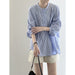 Color-Korean Half Placket Striped Shirt for Women Autumn Stand Collar Long Sleeve Design Blouse-Fancey Boutique
