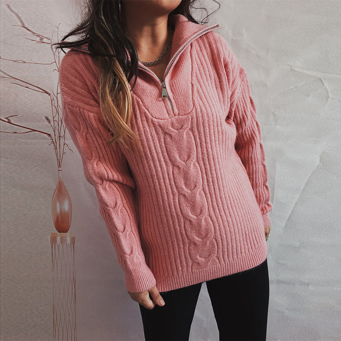 Color-Autumn Winter Twist Vertical Stripes Zipper Collared Solid Color Long Sleeve Knitted Pullover Sweater-Fancey Boutique