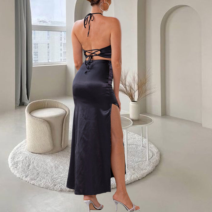 Color-Elegant Halter Black Skirt Set Sexy Slit High Waist Skirt Two Piece Set-Fancey Boutique