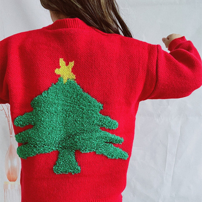 Color-Autumn Winter Round Neck Long Sleeve Letter Graphic Christmas Tree Jacquard Knitted Christmas Sweater Pullover-Fancey Boutique