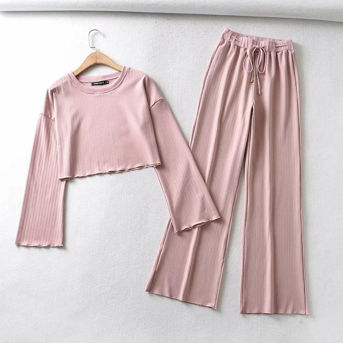 Color-Pink-O-neck Short Sweater High Waist Slimming Mop Bell-Bottom Pants Thread Casual Sports Two-Piece Set-Fancey Boutique