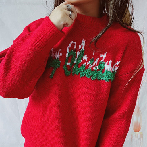 Color-Autumn Winter Round Neck Long Sleeve Letter Graphic Christmas Tree Jacquard Knitted Christmas Sweater Pullover-Fancey Boutique