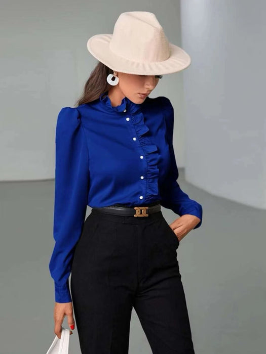 Color-Blue-Women Shirt Autumn High Grade Acetate Fabric Shirt Half Sleeve Ruffled Straight Women Top-Fancey Boutique