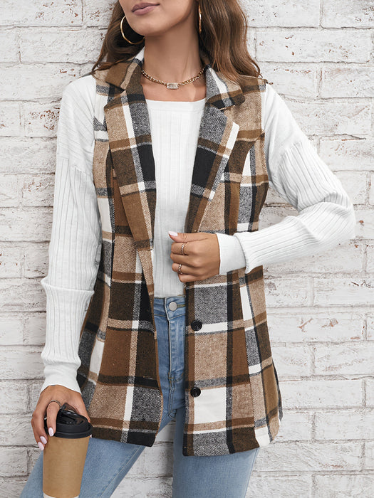 Color-Spring Autumn Winter Women Top Polo Collar Single Breasted Vest Plaid Coat-Fancey Boutique