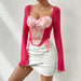 Color-Sexy Low Cut Sexy See through Gauzy Stitching T shirt Floral Lace up Sweet Spicy Long Sleeved Top-Fancey Boutique