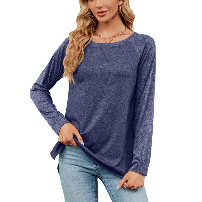 Color-Navy Blue-Autumn Winter round Neck Contrast Color Loose Long-Sleeved T-shirt Split Top Women-Fancey Boutique
