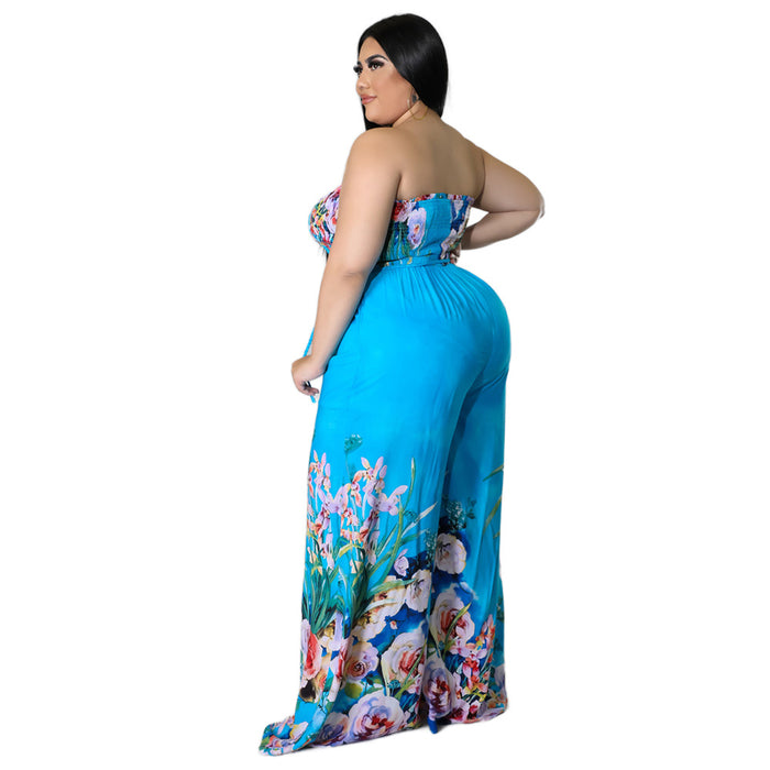 Color-Sexy Bandeau Strap Printing Wide Leg Jumpsuit Plus Size-Fancey Boutique