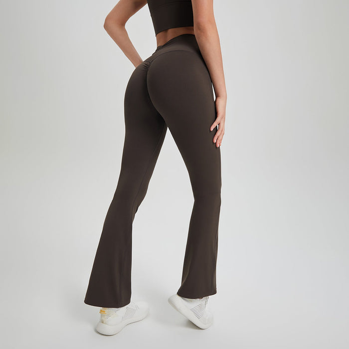 Color-Ebony Gray-Lycra High Waist Pleated Hip Lifting Anti Curling Nude Feel Yoga Pants Outer Wear Running Workout Pants Breathable Fitness Bell Bottom Pants-Fancey Boutique