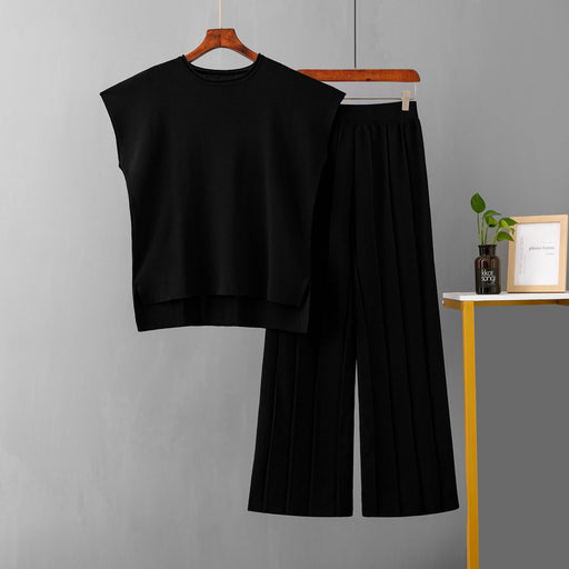 Color-Black-Casual Women Summer Solid Color Sleeveless Vest Sweater Wide Leg Pants Ice Silk Sets-Fancey Boutique
