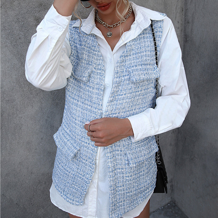 Color-Houndstooth Design Mid Length Cardigan Vest Pocket Coat Plaid Vest Jacket Top Women-Fancey Boutique