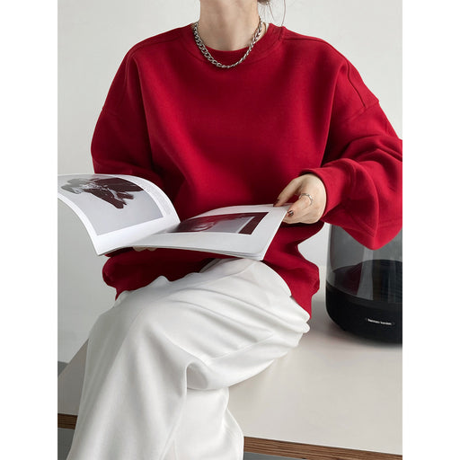 Color-Autumn Wine Red Loose Female Korean Loose Bf Long Sleeve Pullover Top Sweatshirt-Fancey Boutique