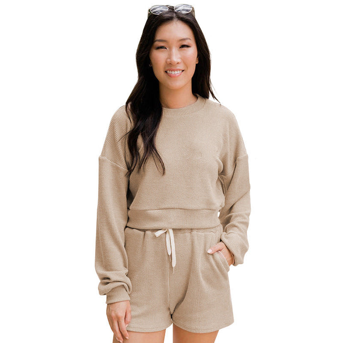 Color-Khaki-Autumn Winter Solid Color round Neck Pullover Long Sleeve Sweater Women Casual Shorts Suit-Fancey Boutique