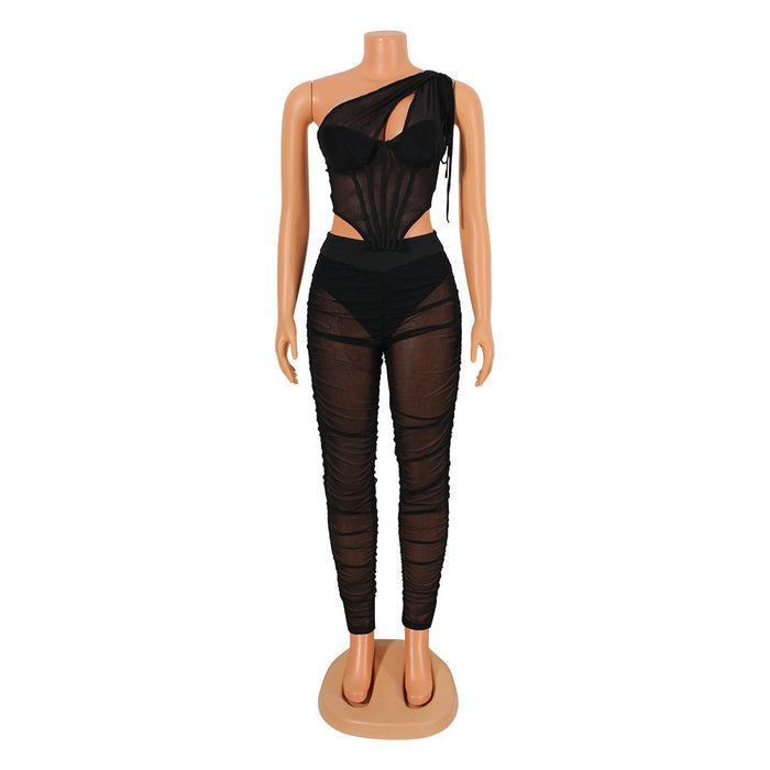 Color-Women Clothing Sexy Mesh See-through Irregular Asymmetric Top Two-Piece Set-Fancey Boutique