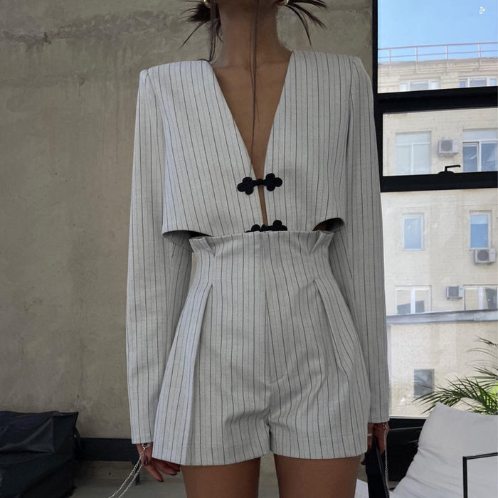 Color-Women Spring Clothing Chinese Niche Design Long Sleeve Deep V Plunge Jacket High Waist Shorts Striped Set-Fancey Boutique