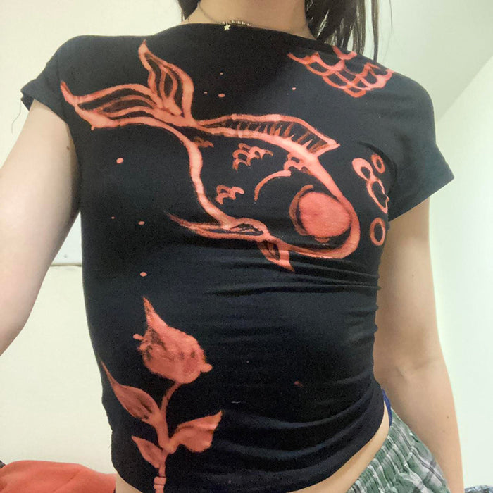 Color-Featured Hand Painted Goldfish Printed Back Hollow Out Cutout Backless Design Slim Fit Slimming Short Sleeve T shirt Top Women-Fancey Boutique