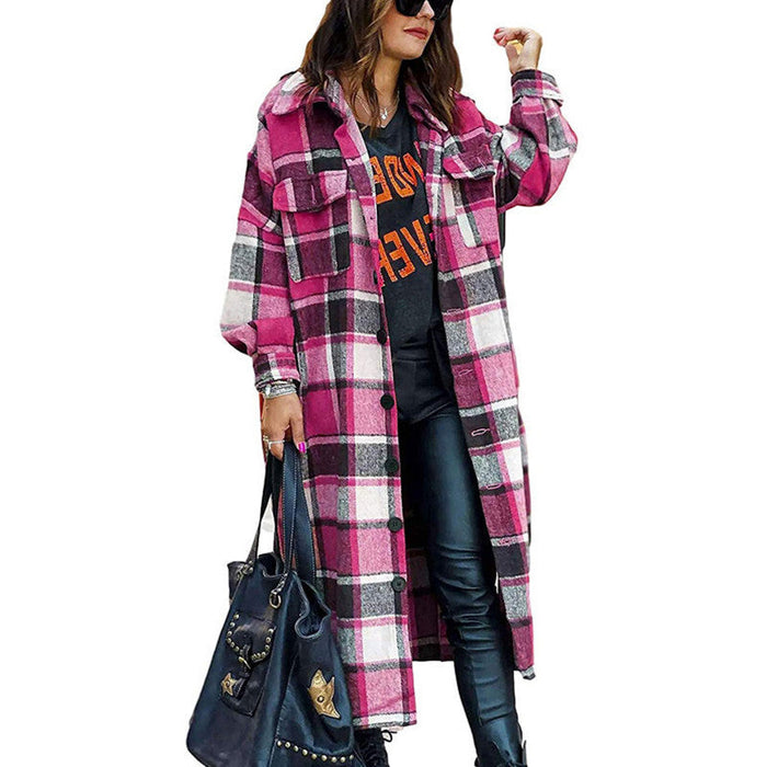 Color-Coral Red-Autumn Winter Long Trench Coat Side Slit Collared Slim Women Woolen Plaid Coat-Fancey Boutique