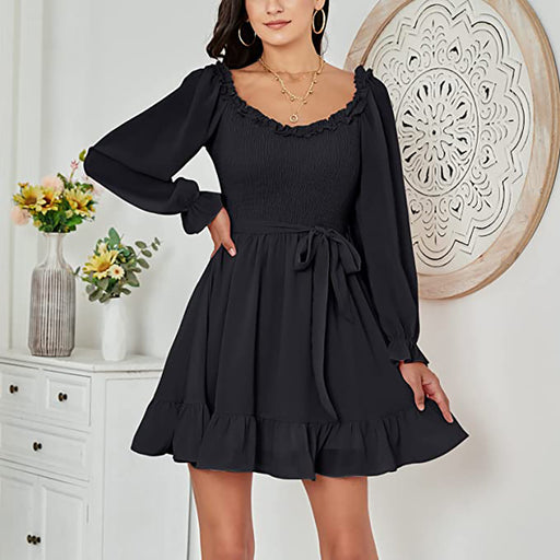 Color-Early Spring Chiffon Dress Women Ruffled V neck Fitted Waist Sweet A line Dress-Fancey Boutique
