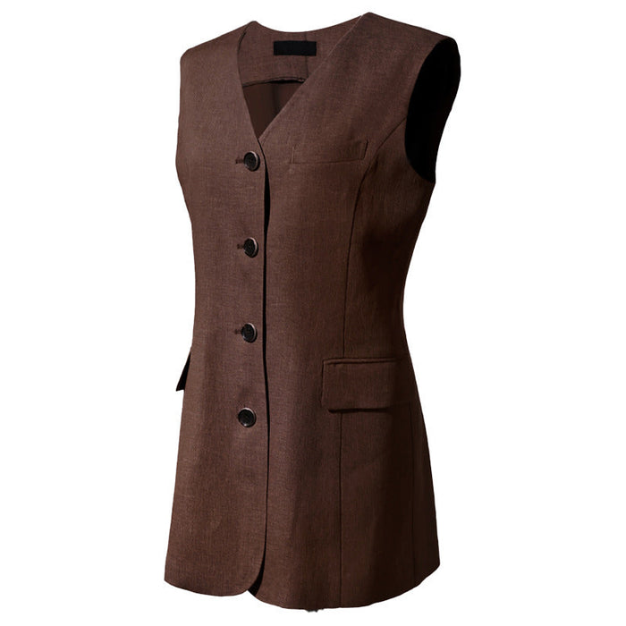 Color-Coffee-V neck Vest Coat Linen Mid Length Cotton Linen Korean Retro Fashionable Slim Sleeveless Vest Cardigan Women-Fancey Boutique
