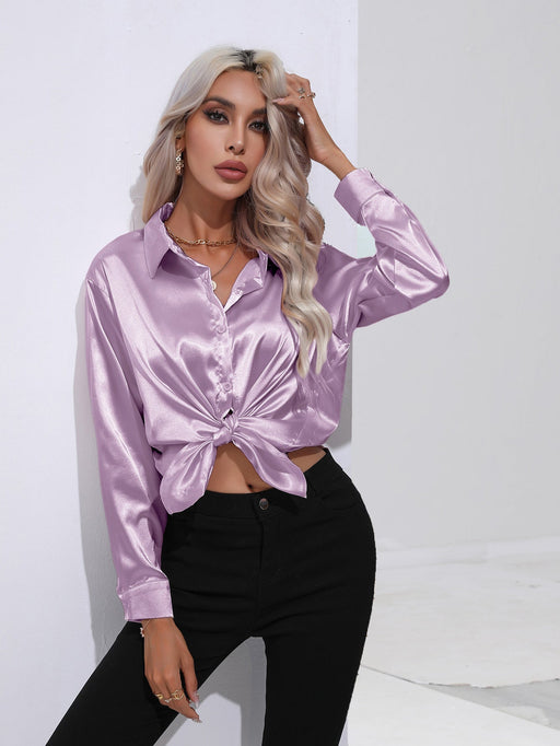 Color-violet-Satin Shirt Women Satin Artificial Silk Long Sleeve Shirt Spring Summer Women Clothing-Fancey Boutique