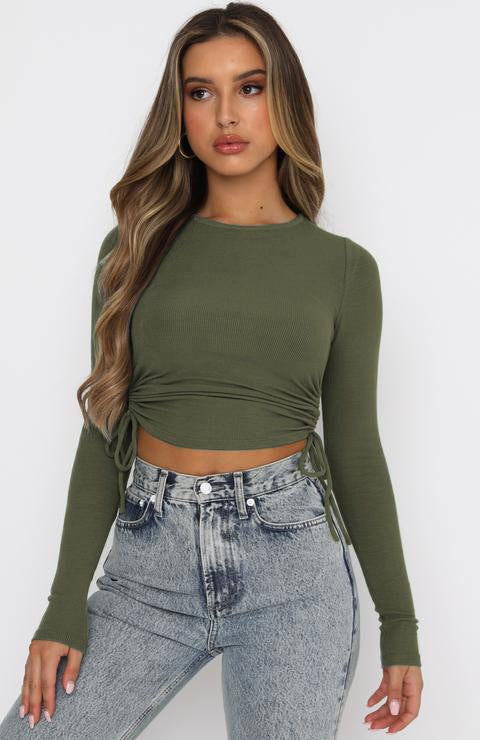 Color-Solid Color Drawstring round Neck Long Sleeve Cropped T-shirt Street Tide Brand Thread Top-Fancey Boutique