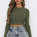 Color-Solid Color Drawstring round Neck Long Sleeve Cropped T-shirt Street Tide Brand Thread Top-Fancey Boutique