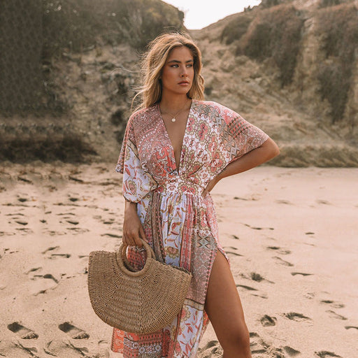 Color-Spring Printed Dress Women Bohemian Irregular Asymmetric Pattern Print Beach Sun Shield Hanfu Long Robe Women-Fancey Boutique