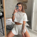 Color-Summer Waffle Casual Suit Women Short T shirt round Neck Short Sleeve Top Shorts Sexy Two Piece Suit Women-Fancey Boutique