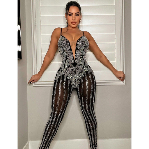 Color-Nightclub Mesh Drilling See through Sling Jumpsuit Women Clothing-Fancey Boutique