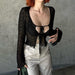 Color-Retro Mesh Transparent Lace up Chest Flattering Half Open Collar Top Women Clothing Niche-Fancey Boutique